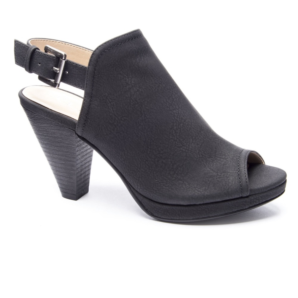 Black Wooden Cone Cylinder Heel Peep Toe Bootie - Picture 2 of 4